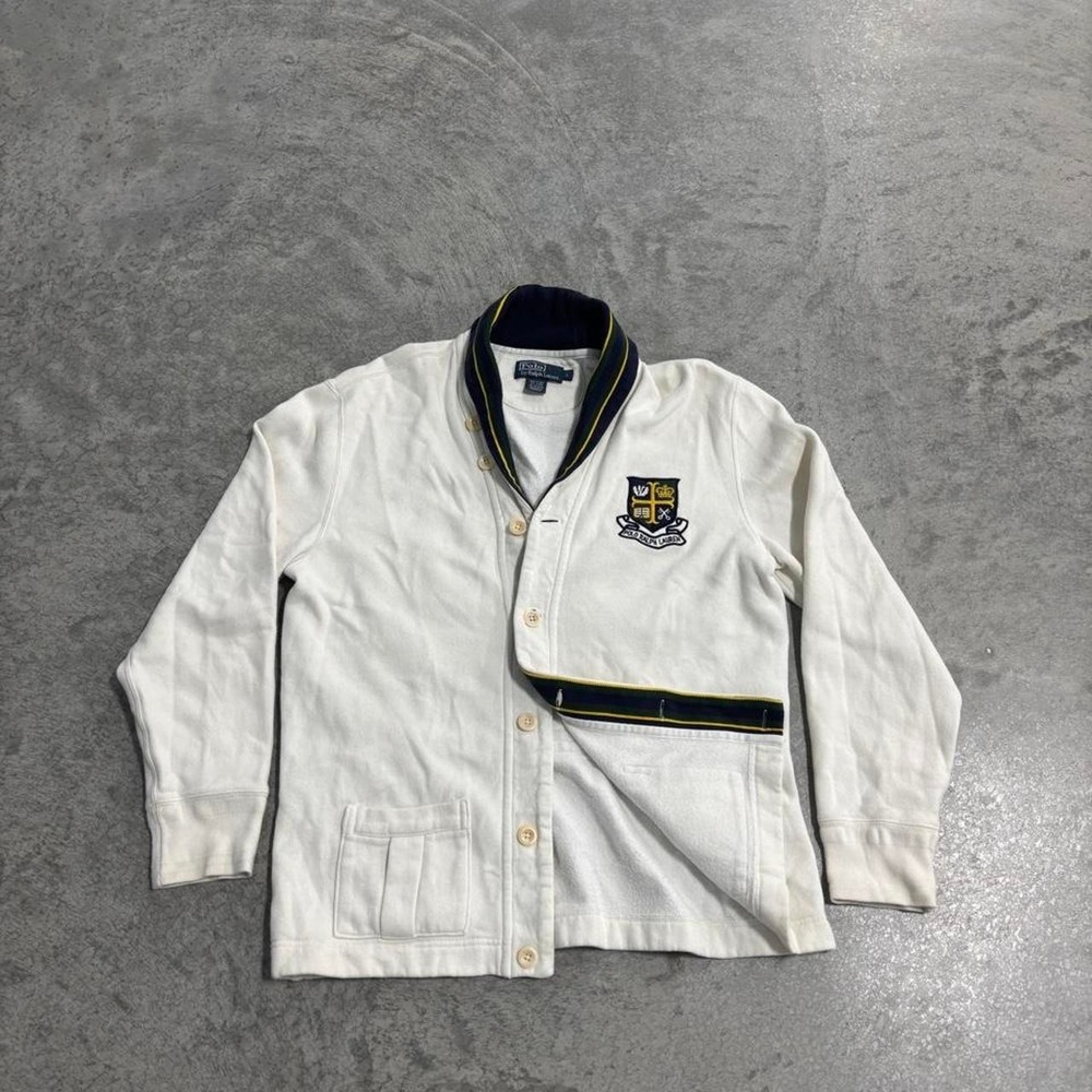 Vintage Polo Ralph Lauren White Shawl Collar Crest Logo Cardigan Men's Large